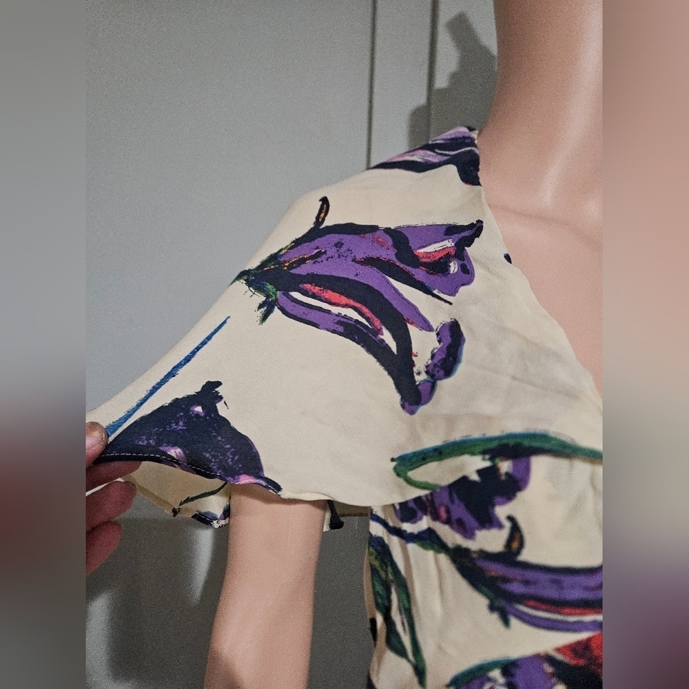 Anthropologie COREYLYNN CALTER 100% Silk Floral Cape Sleeve Dress – Size 14 - Picture 13 of 16